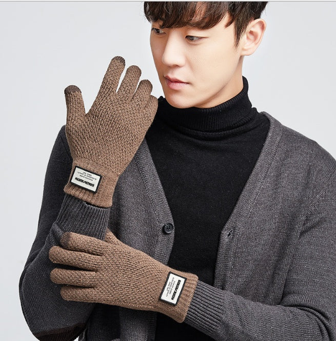 Men's autumn and winter knitted yarn driving outdoor plus velvet warm gloves