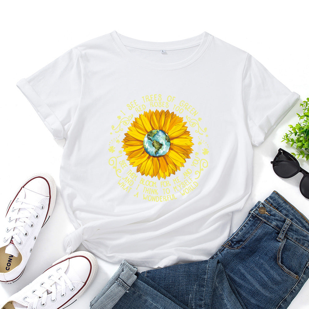 Bee Festival European And American Loose Round Neck Sunflower Short Sleeve