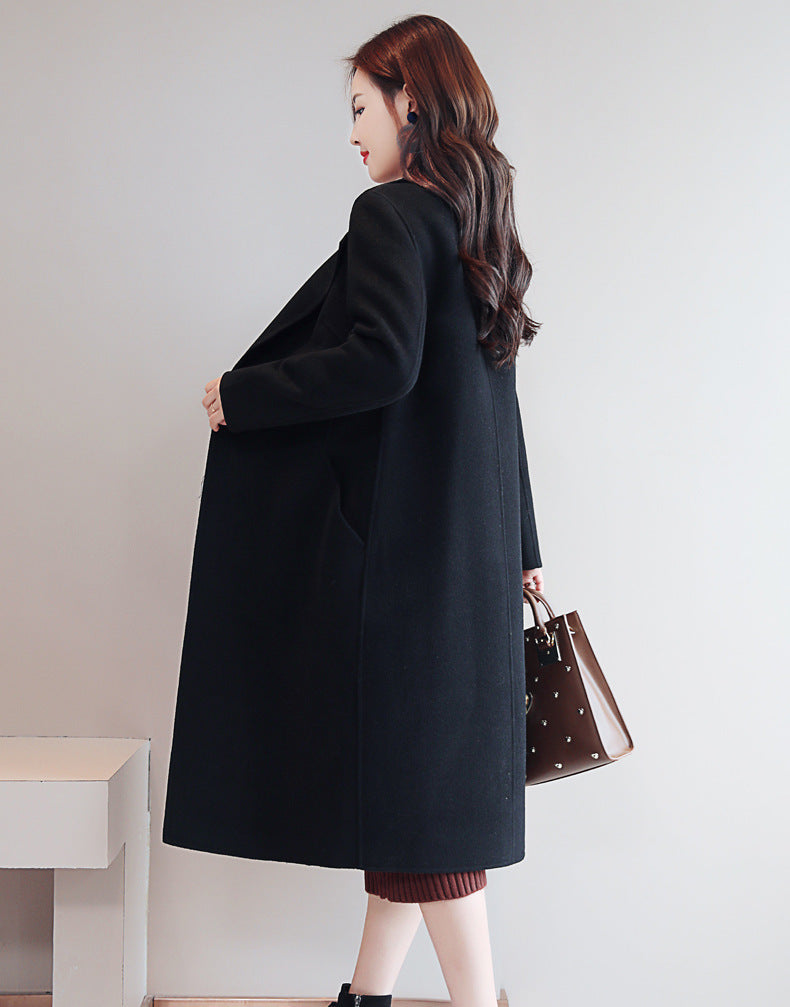 Solid Color Suit Collar Long-sleeved Woolen Coat