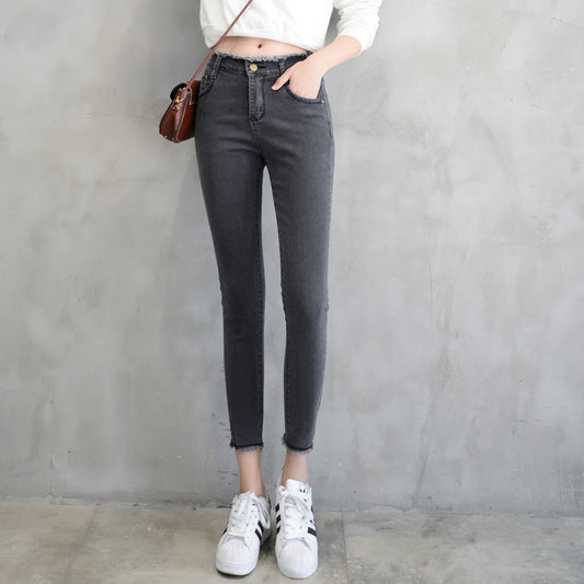 spring new high waist jeans female raw edge nine points trousers split fork pants female student pants