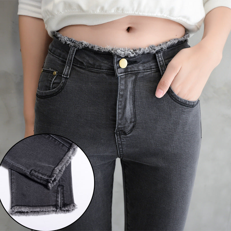 spring new high waist jeans female raw edge nine points trousers split fork pants female student pants