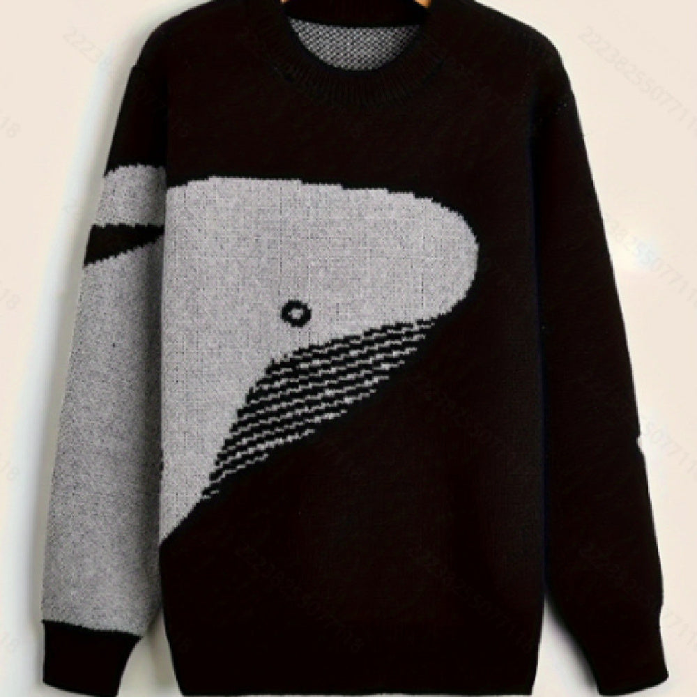 Autumn Winter Japanese Cartoon Whale Round Neck Men's Fashion Brand Couple Casual Loose All-matching Pullover Sweater