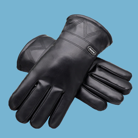 Down Cotton Fleece-lined Warm Leather Gloves Men