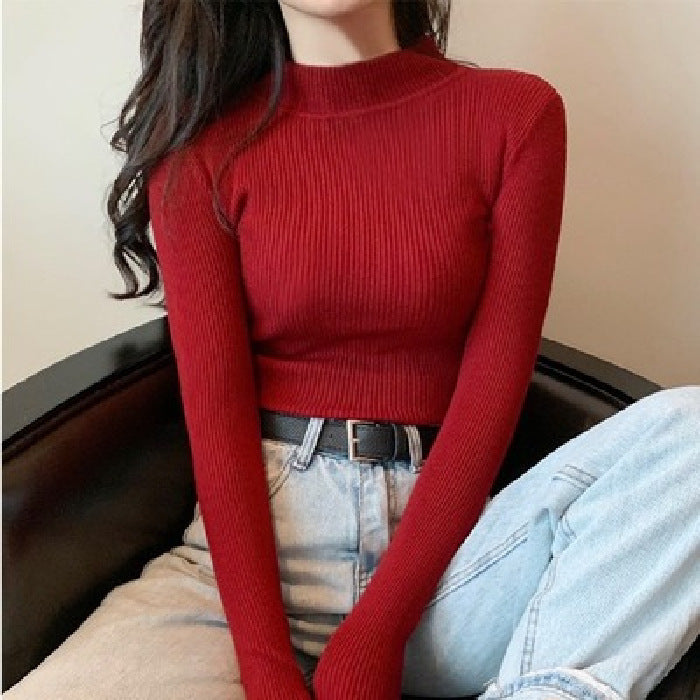 Women's Fashionable All-matching Pure Color Half Collar Slim Knit Bottoming Shirt Top