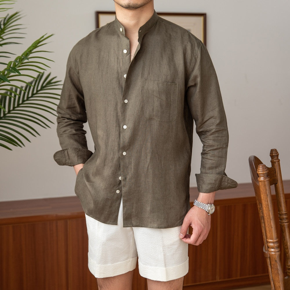 Men's Commuter Light Cooked Casual Breathable Pure Linen Long Sleeve Shirt