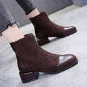 Short front zipper chunky heel suede mid-heel square toe boots