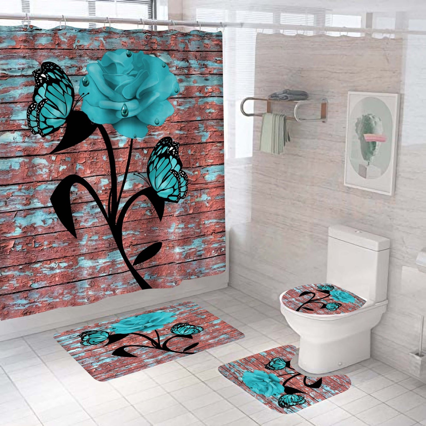 Waterproof Polyester Bathroom Shower Curtain Set