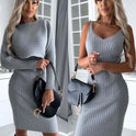 2pcs Suit Women's Solid Stripe Long-sleeved Top And Tight Suspender Skirt Fashion Autumn Winter Slim Clothing