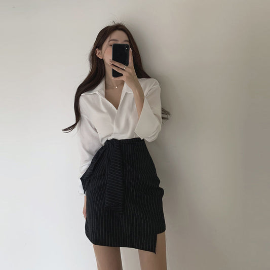 Women's Shirt Fashion High Waist A- Line Skirt Slimming Two-piece Suit