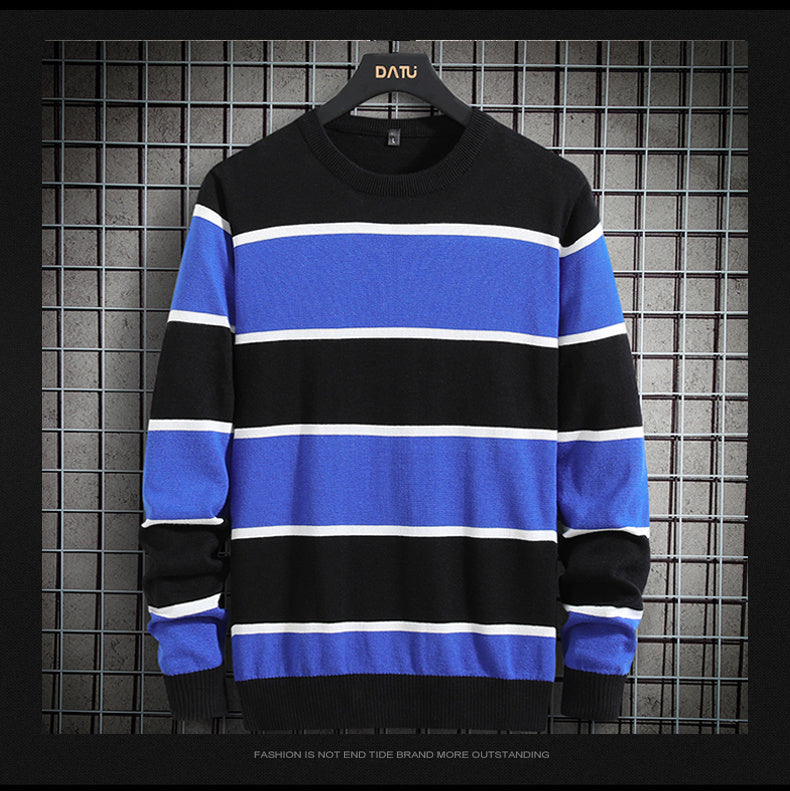 Men's Plus Velvet Thick Knit Sweater Bottoming Shirt Striped Contrast Color Warm Clothes