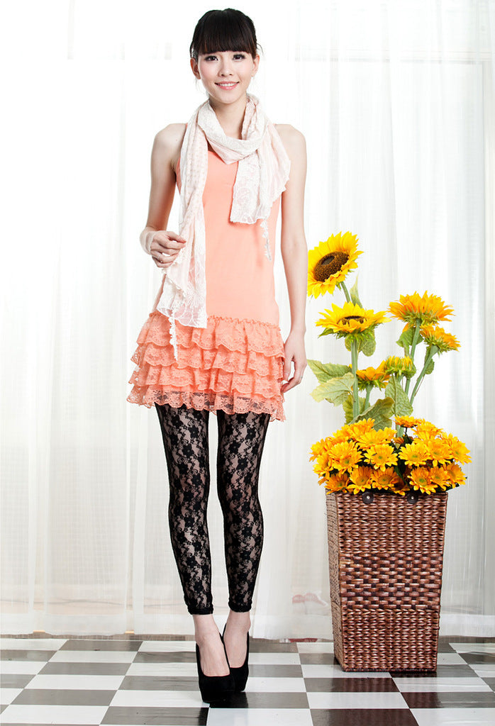 Transparent Hollow Rose Lace Ankle-length Black Leggings