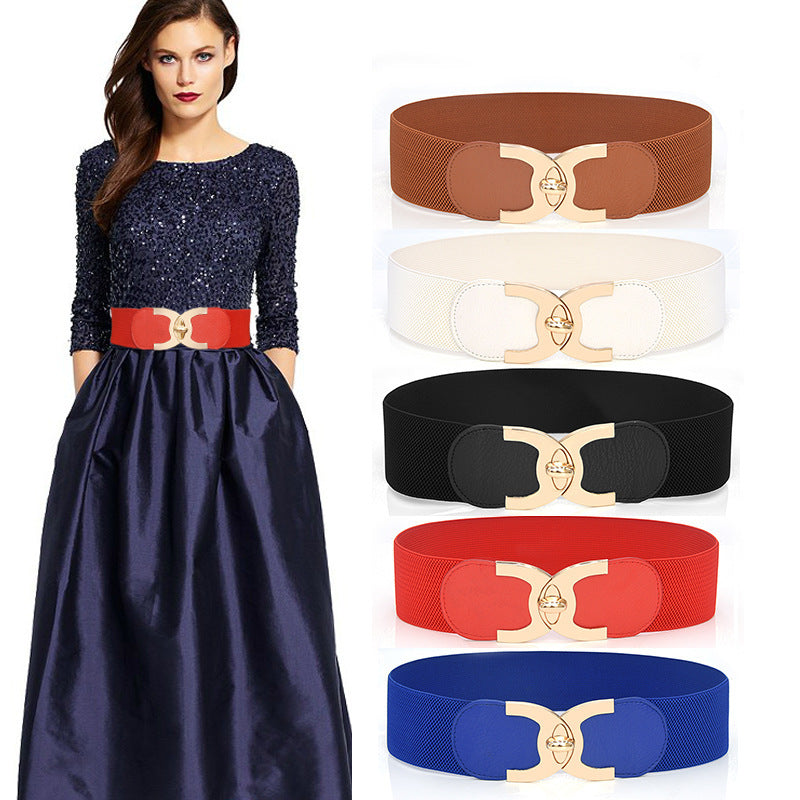 Fastener Decoration Wide Belt Women's Elastic Waistband