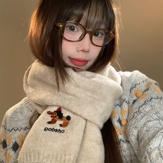 Autumn And Winter Fashionable Warm Cartoon Cute Embroidered Puppy Scarf For Women