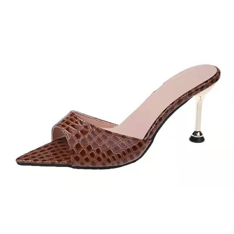 New Snake Pattern  Toe Pointed High Heel Sandals And Slippers Women