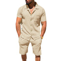 Men's Lapel Cardigan Shorts 2 Pieces Suit Summer Solid Color Vertical Stripes Short Sleeve Shorts