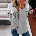 Flower Print Pullover Round Neck Zipper Sweater