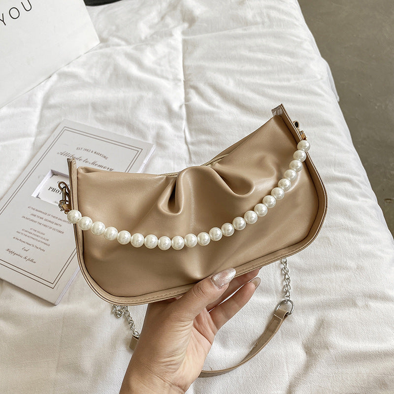 Pleated Solid Color Pearl Chain Underarm Bag