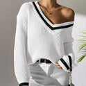 Women's Sweater Contrast Color V-neck Loose Sweater Casual