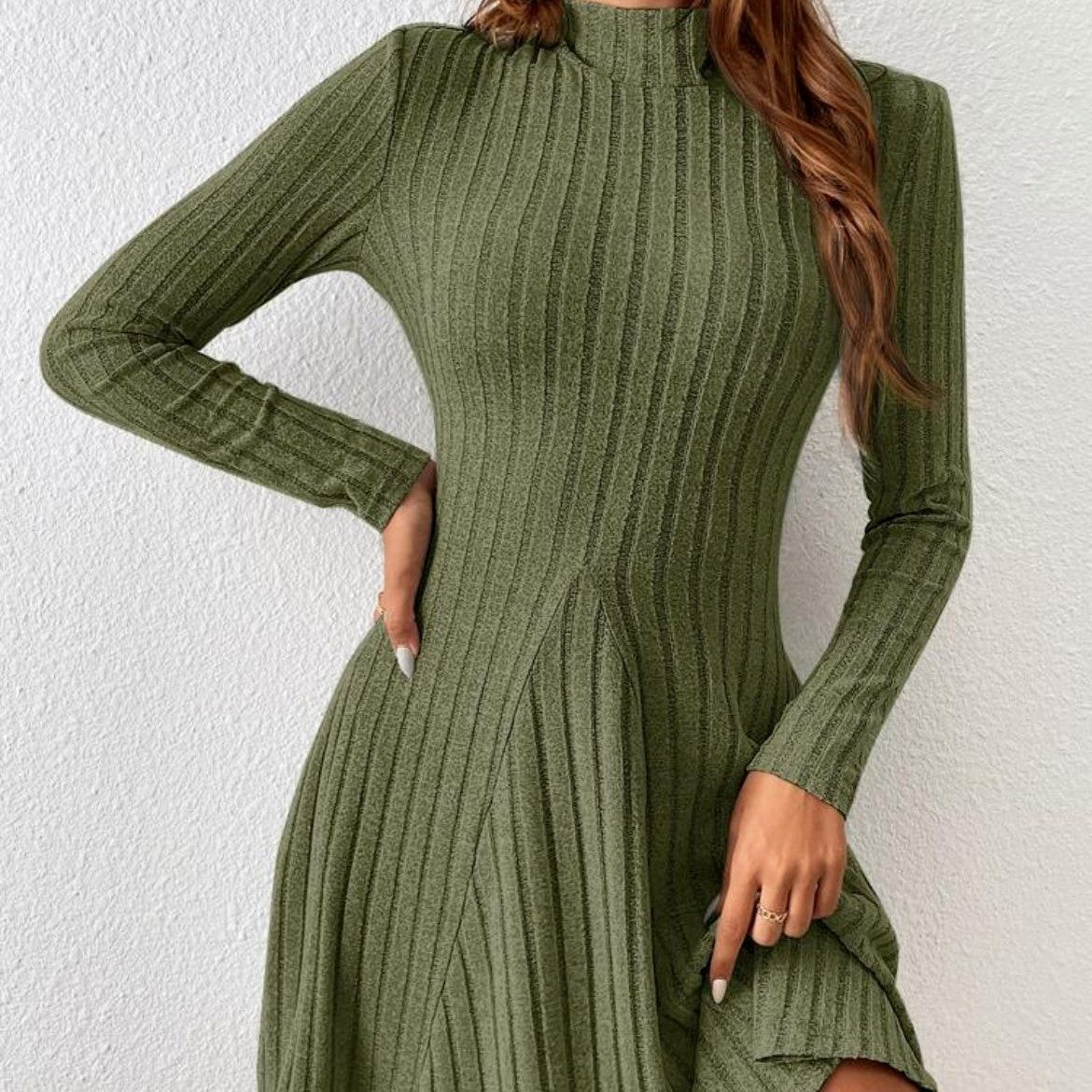 Half Turtleneck Solid Color Rib Fabric Long Sleeve Dress Women