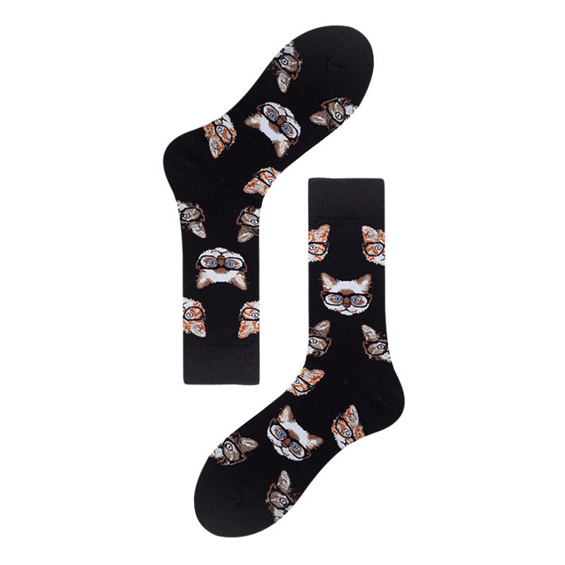 Men's Mid-calf Colorful Cubic Guitar Cat Face Cotton Socks