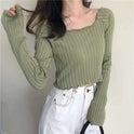 Black Wooden Ear Side Word Shoulder Knitted Thin Long-sleeved T-shirt Women's Summer Short Top