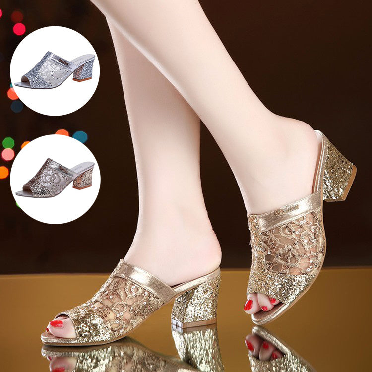 Mules Heeled Sandals Mules Sparkly Sequin Chunky Heel Peep-toe Lace Shoes Daily Party