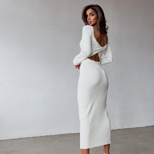 Solid Color Long Sleeve Elegant Slim Fit Hollow Backless Two-way Wear Dress