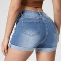 Women's Fashion Holes Curling High Elastic High Waist Denim Shorts