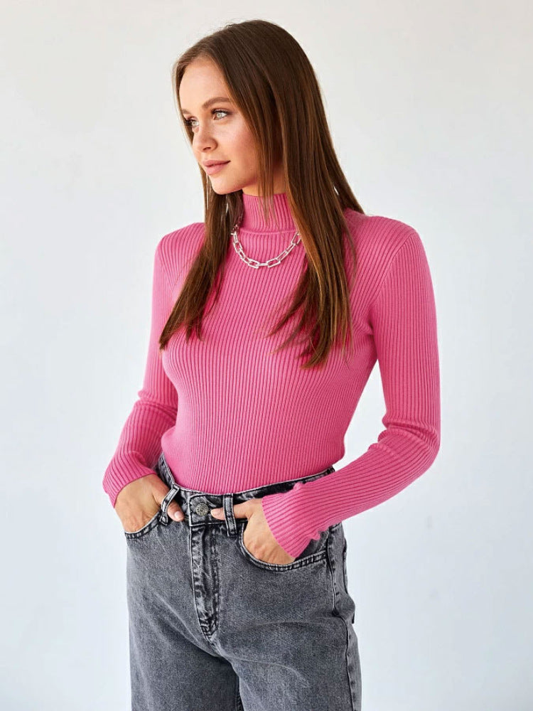 Women's Fashion Simple Pure Color Half Collar Sweater