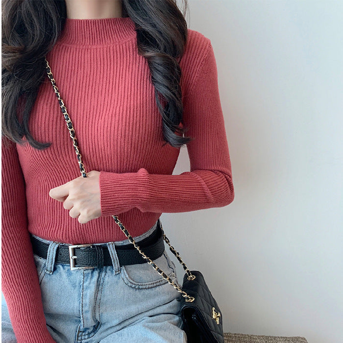 Women's Fashionable All-matching Pure Color Half Collar Slim Knit Bottoming Shirt Top