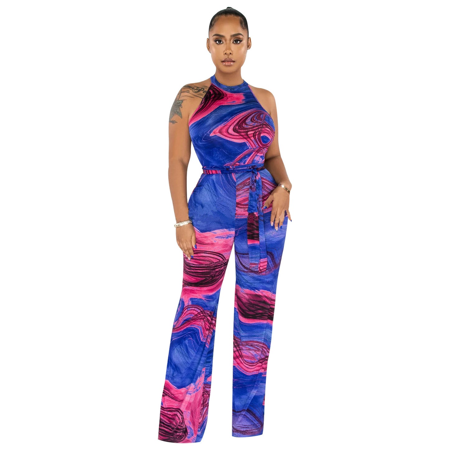 Women's Printed Sexy Sleeveless Lace-up Jumpsuit Trousers