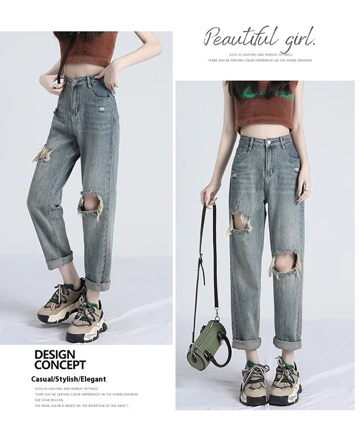 Ripped Daddy Jeans For Women Spring And Autumn 2024 New High Waist Loose Small