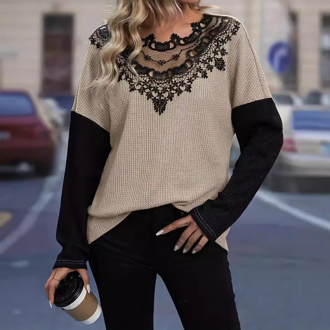 Trade Lace Stitching Hollow Loose Long Sleeve Top