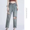 Ripped Daddy Jeans For Women Spring And Autumn 2024 New High Waist Loose Small