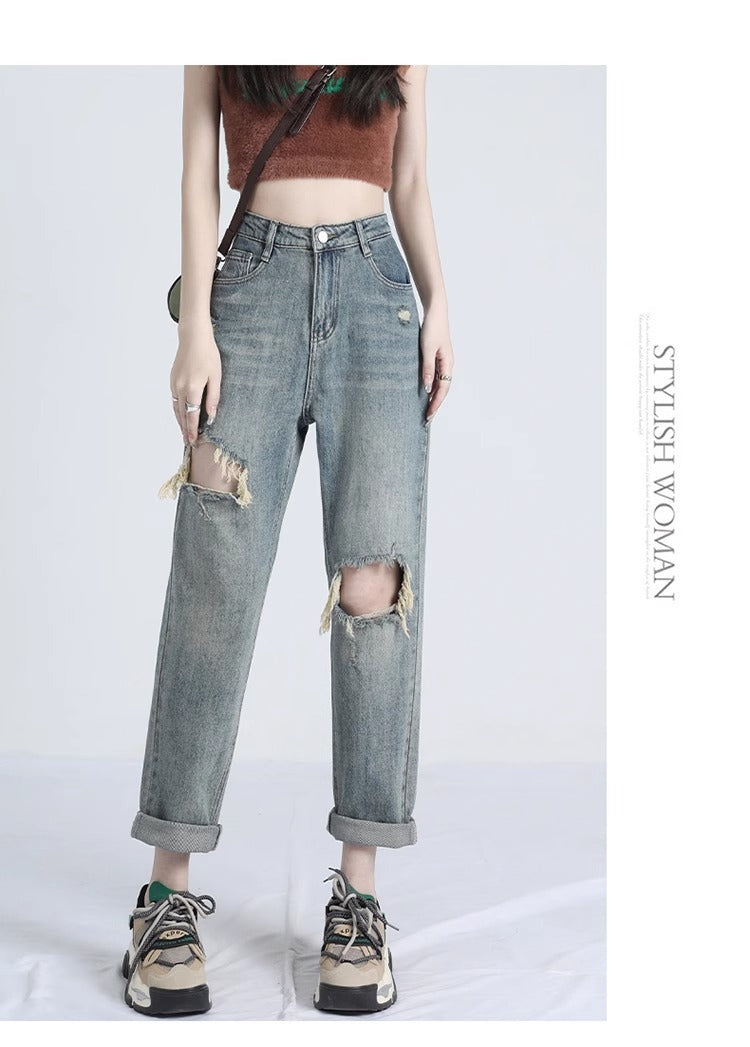 Ripped Daddy Jeans For Women Spring And Autumn 2024 New High Waist Loose Small