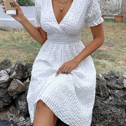 White Deep V-neck Waffle Bohemian Dress