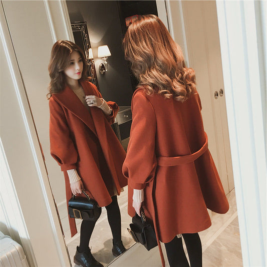 Loose and Slim Medium Length Lantern-sleeved Woolen Coat