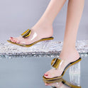 Women Wear Transparent Sandals With High-heeled Thick Heels And Rhinestones