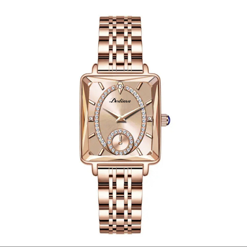 Fashionable Rose Gold Square Women's Diamond Two-pin Half Watch