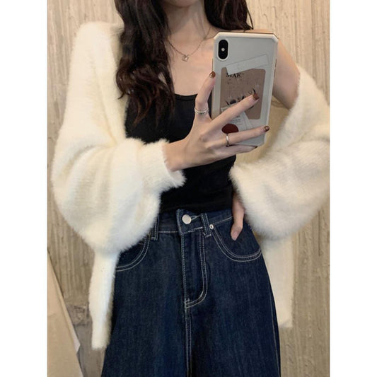 Spring And Autumn Mink-like Wool White Knitted Fabric Cardigan For Women