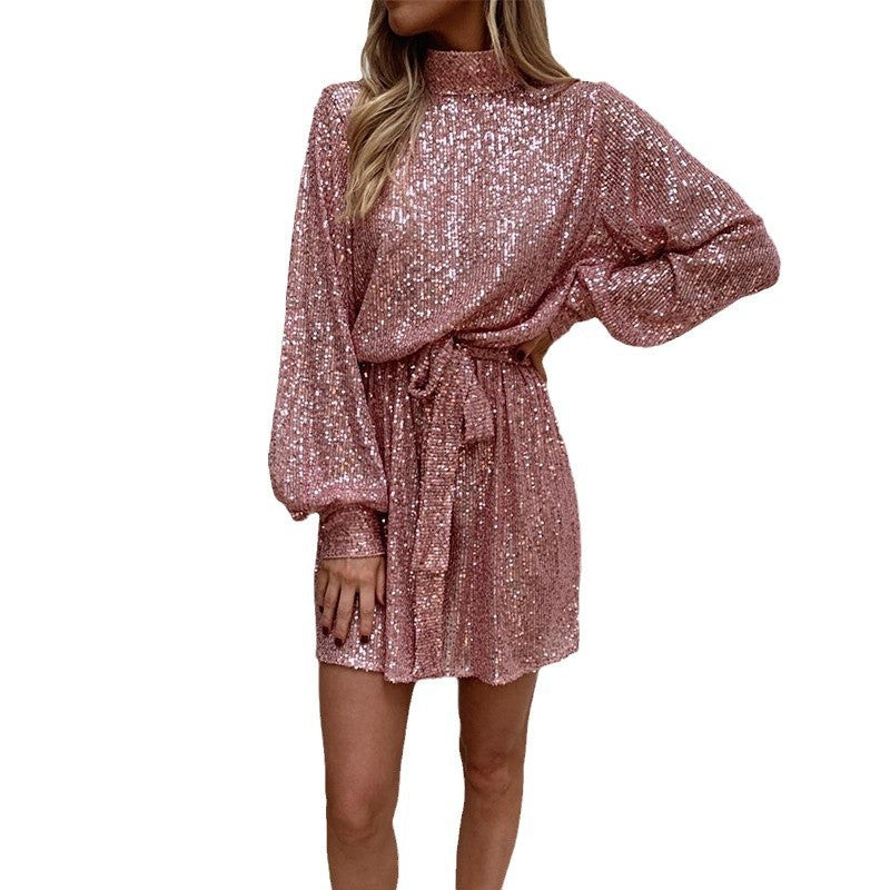 Gold Slim Fit Tied Waist-controlled Long Sleeves Dress