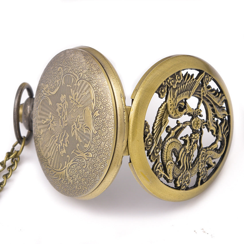 Hollow dragon and phoenix play beads pocket watch