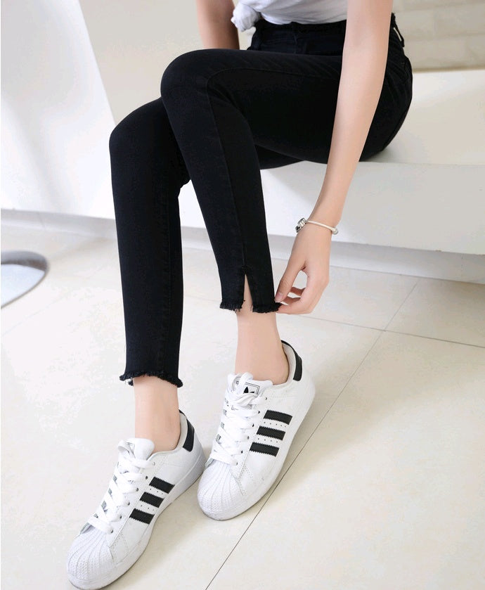 spring new high waist jeans female raw edge nine points trousers split fork pants female student pants