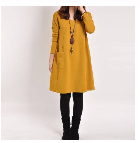 Pure color literary long sleeve dress