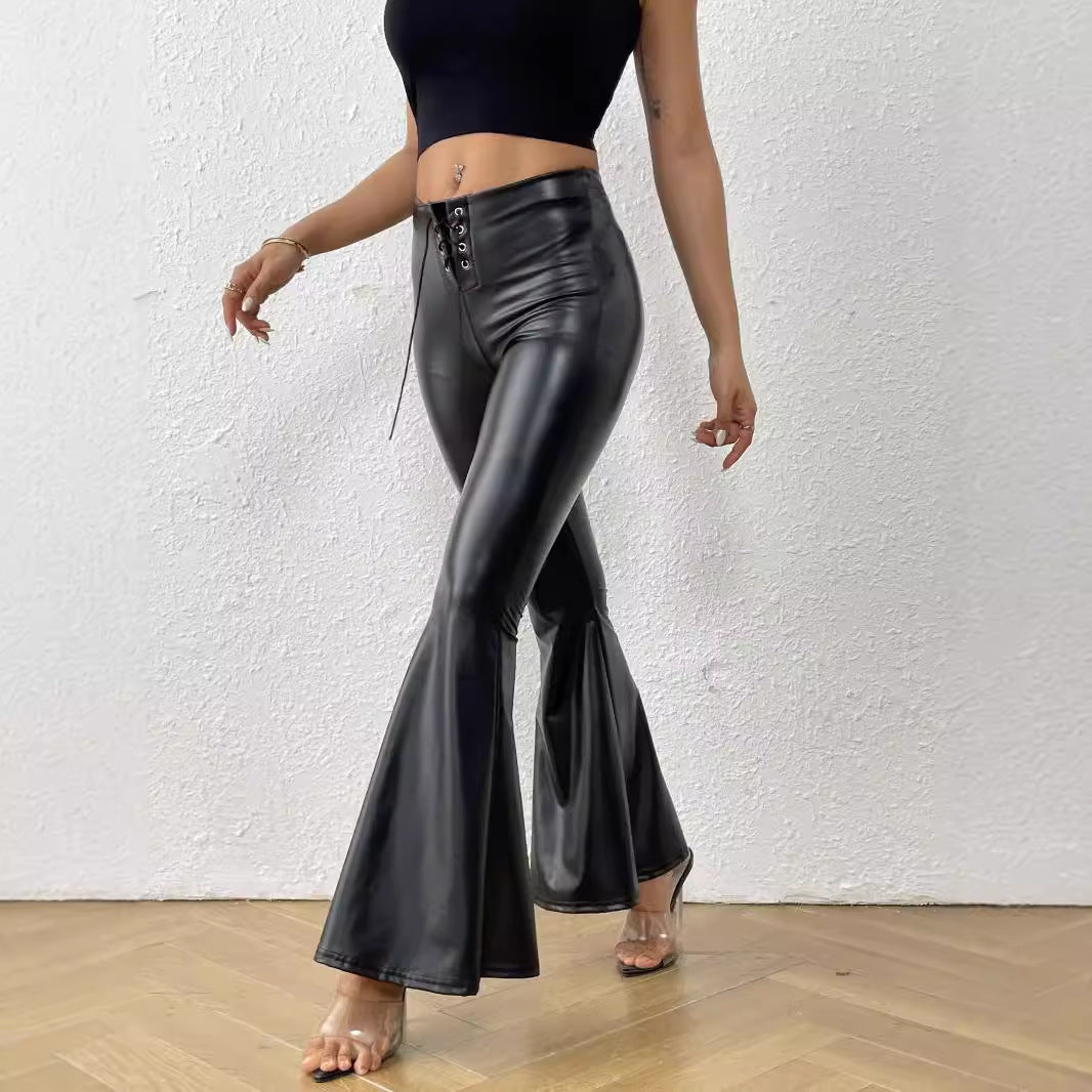 Bright Leather Elastic Waist Bell-bottom Pants