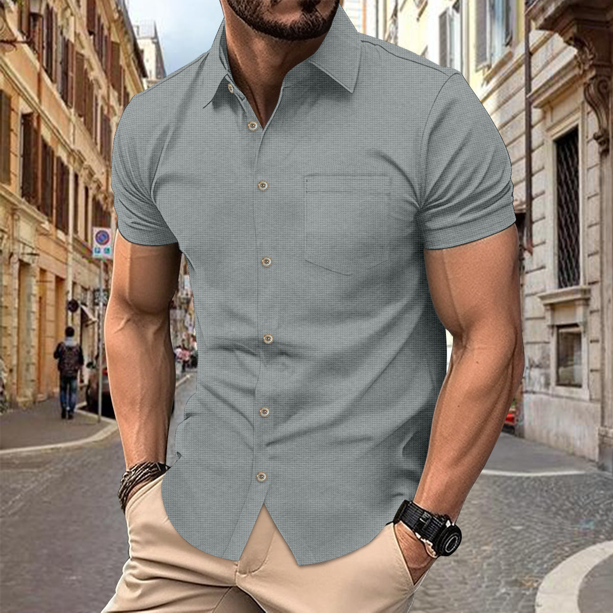 Chest Pocket Button Casual Short-sleeved Shirt