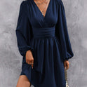 Diagonal Collar Lantern Sleeve Pleated Waist Dress