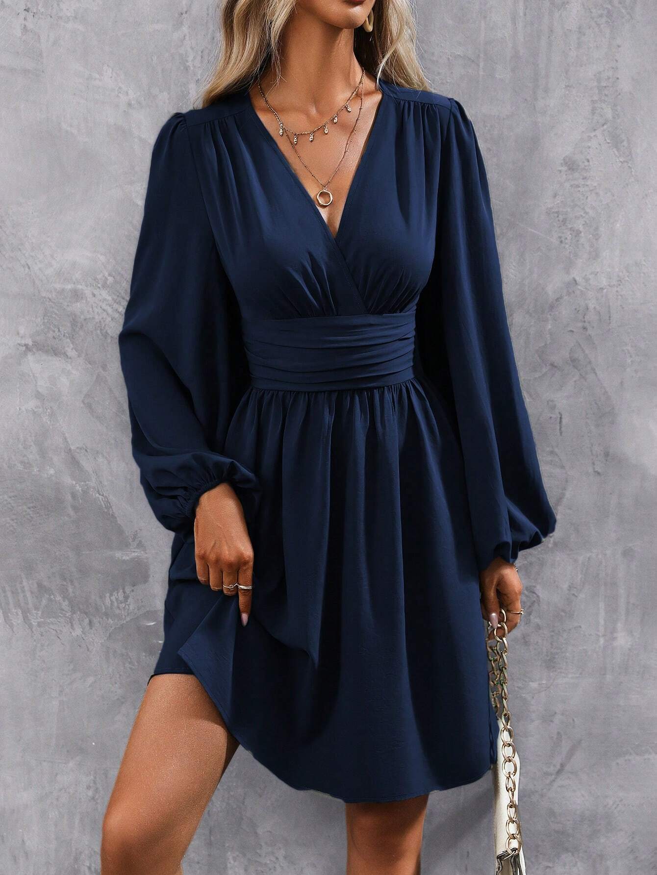 Diagonal Collar Lantern Sleeve Pleated Waist Dress