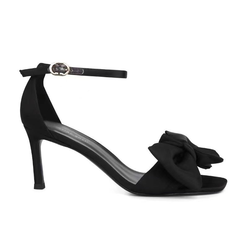 French Style Bow Strap Elegant Graceful Open Toe Stilettos Pumps