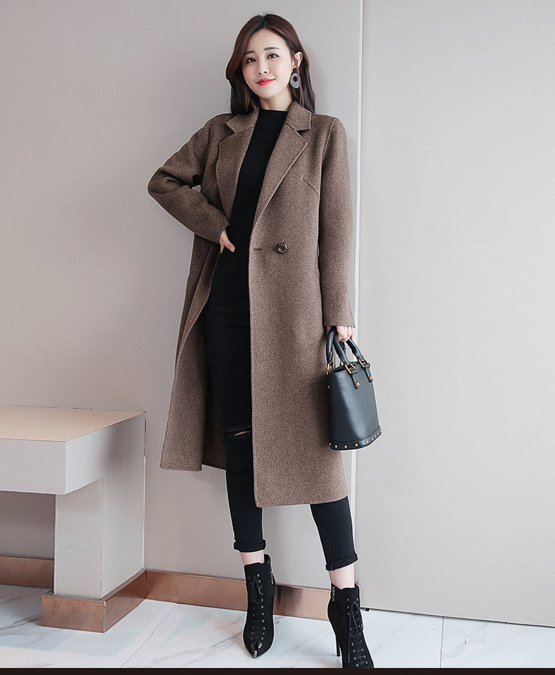 Solid Color Suit Collar Long-sleeved Woolen Coat